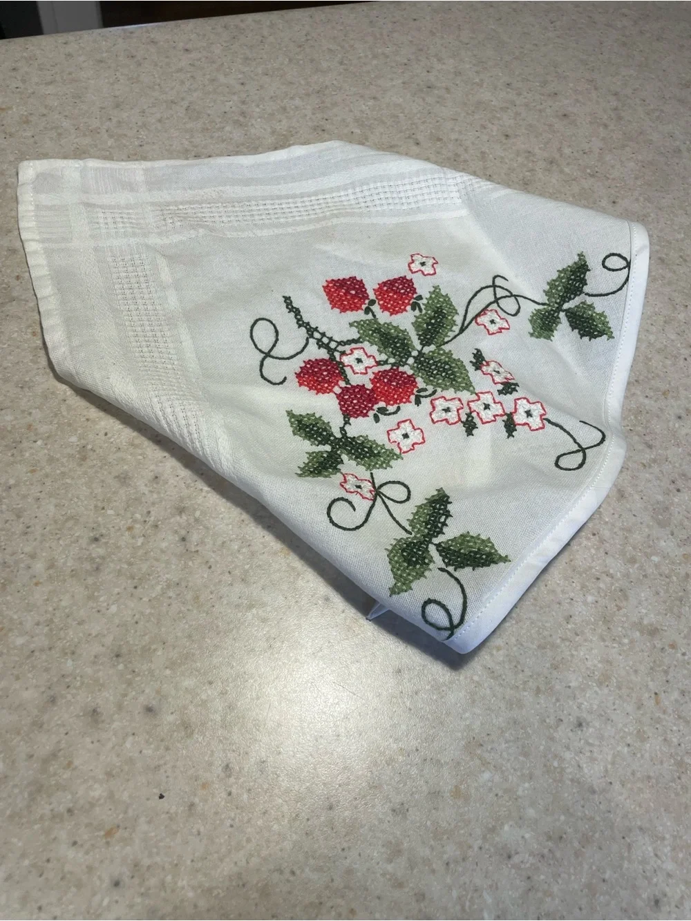 Vintage Head Scarf Upcycled Tablecloth Embroidered Floral Strawberry Handmade